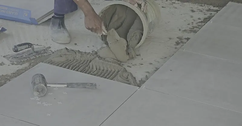 Nahaufnahme von Fliesenkreuzen auf frisch verlegten hellen Fliesen neben frisch aufgetragenem Fliesenkleber